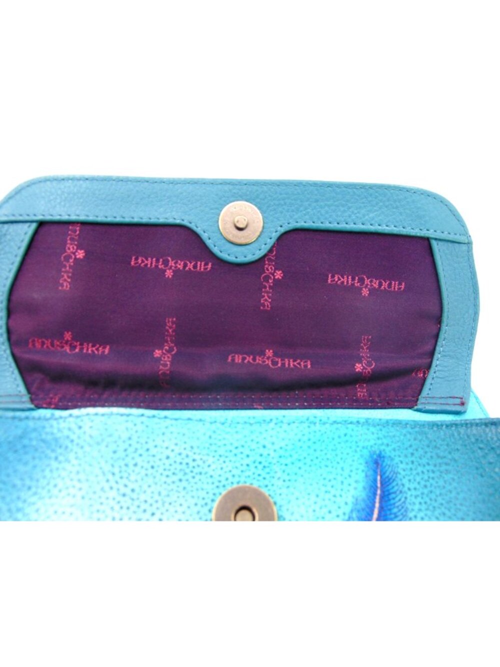 Anuschka Leather Crossbody Purse Wallet Teal Blue Feather Peacock Hand Painted - Picture 7 of 16